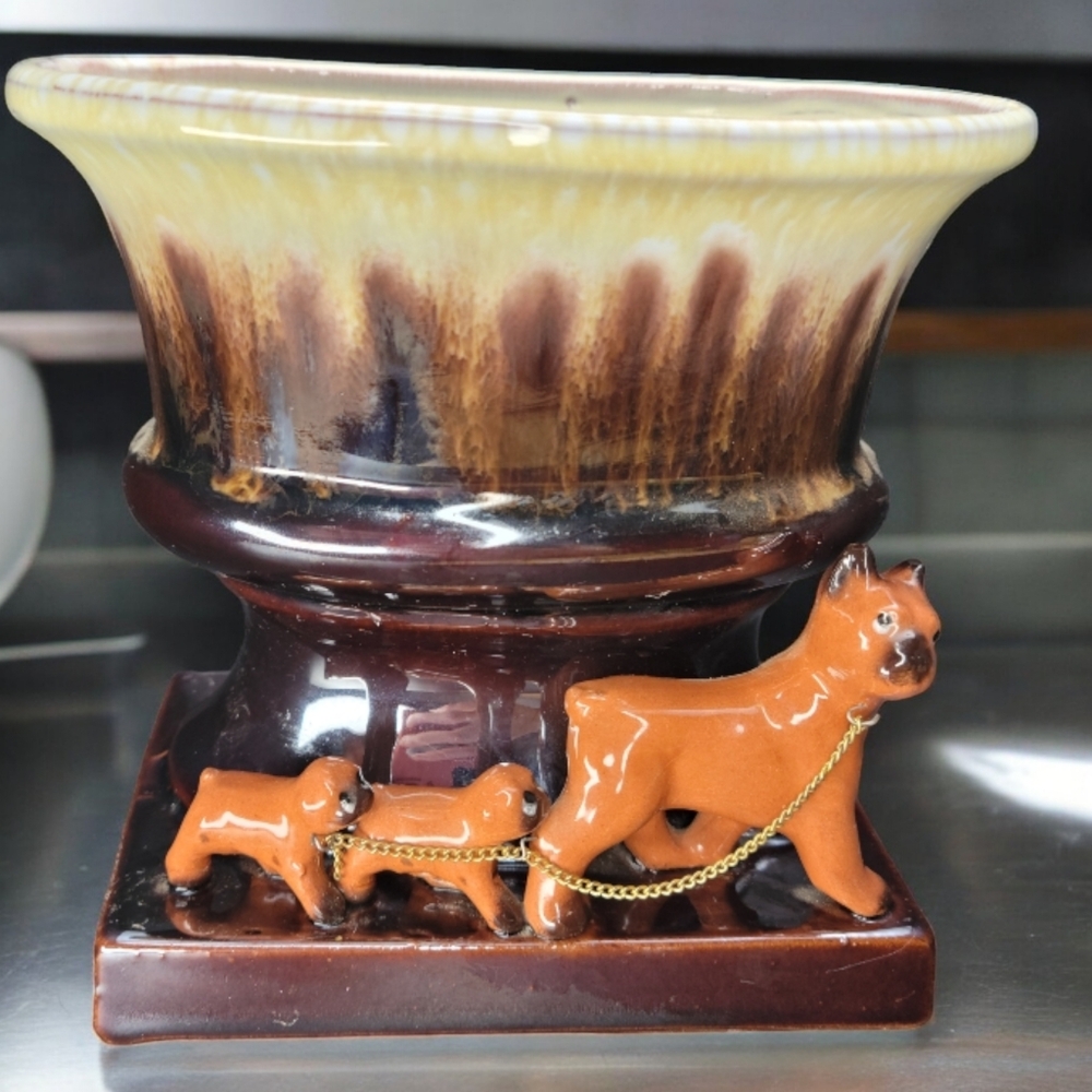 Vintage Brown Drip Vase Boxer Dog Planter Ceramic Chain Bully Terrier Pup Japan